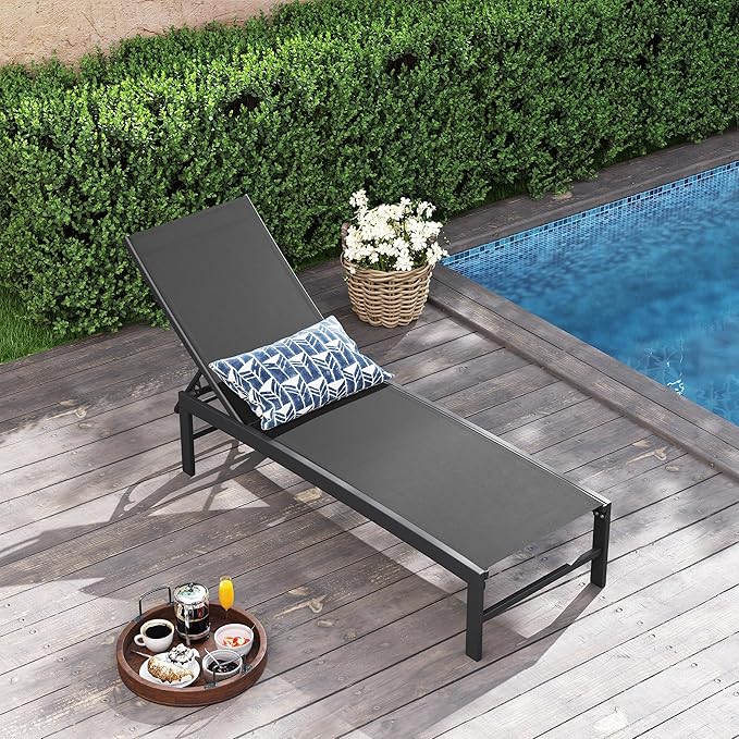Patio Aluminum Chaise Lounge Chair, Outdoor Recliner Lounge Chair Sun Loungers, All Weather Chaise with 5 Adjustable Backrest and Lay Flat Positions for Garden, Balcony, Pool, Black