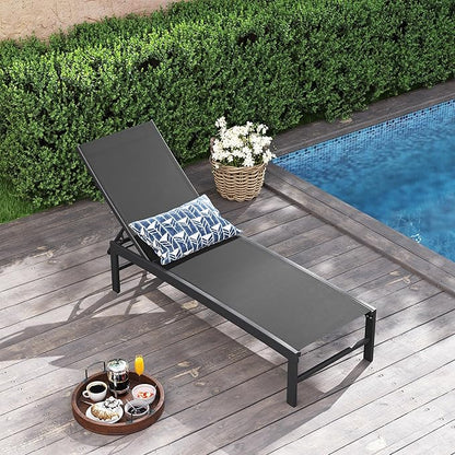 Patio Aluminum Chaise Lounge Chair, Outdoor Recliner Lounge Chair Sun Loungers, All Weather Chaise with 5 Adjustable Backrest and Lay Flat Positions for Garden, Balcony, Pool, Black