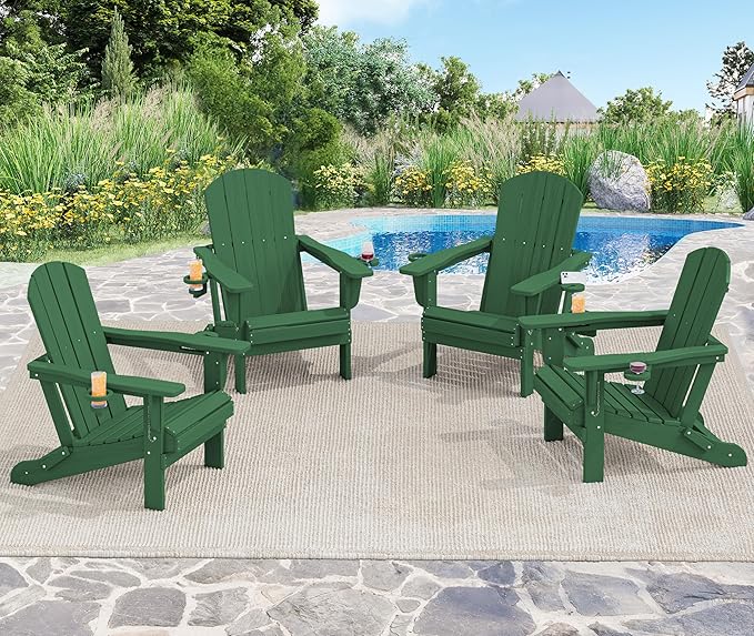 SERWALL Adirondack Chair with Cup Holders - Composite Adirondack Chairs HDPE Outdoor Chairs All Weather Use- Green - Photo 2