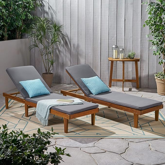 Christopher Knight Home Madge Oudoor Chaise Lounge with Cushion (Set of 2), Teak Finish, Dark Gray - Photo 2
