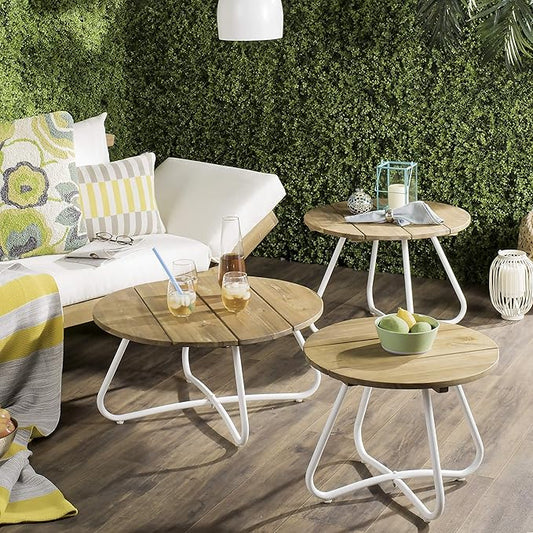 SAFAVIEH Outdoor Collection Henderson Teak and White 3Pc Wood Top Coffee Table