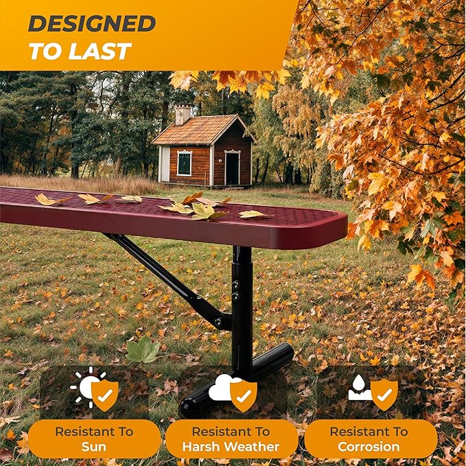 Heavy-Duty Outdoor Metal Bench, Thermoplastic-Coated, Portable, Weatherproof, Commercial-Grade for Parks, Gardens, Patios, Stores & More (8 Ft - Portable, Red)