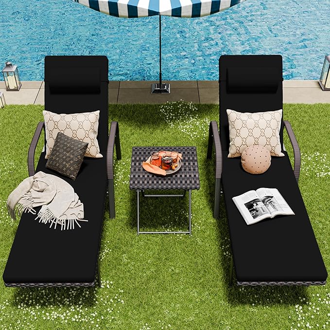 Patio Chaise Lounge Set 3 Pieces Outdoor Lounge Chair with Rattan Adjustable Backrest Armrest and Folding Table for - Photo 9