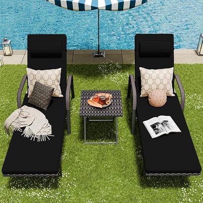 Patio Chaise Lounge Set 3 Pieces Outdoor Lounge Chair with Rattan Adjustable Backrest Armrest and Folding Table for Beach Patio,Sand, for Poolside Backyard Porch