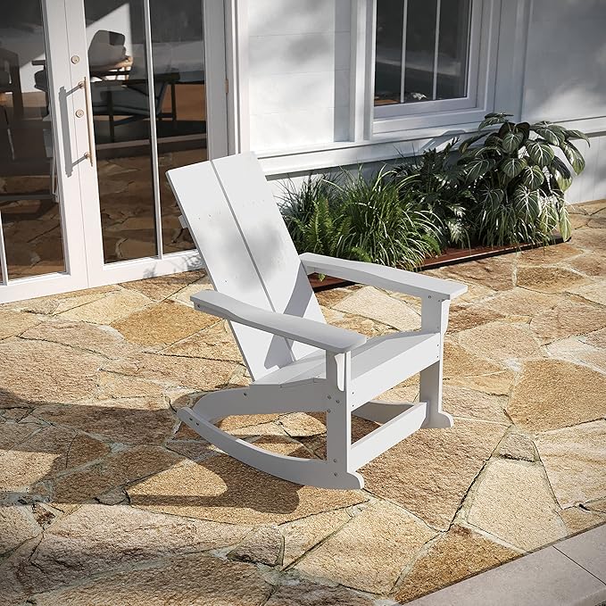 Taylor & Logan Finn Modern All-Weather 2-Slat Poly Resin Wood Rocking Adirondack Chair with Rust Resistant Stainless Steel Hardware in White