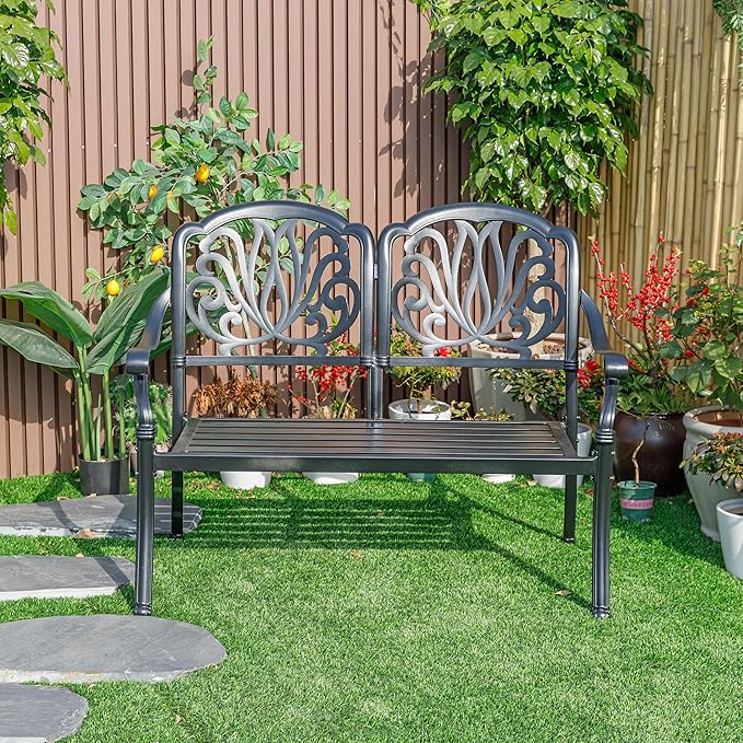 Hi-Line Gift Ltd. Midnight Oasis- Black Cast Aluminium Garden Bench with Easy Assembly
