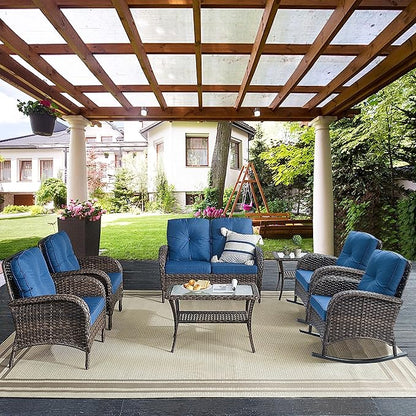 Belord 7 Piece Outdoor Patio Furniture Sets with Rocking Chairs, Wicker Loveseat Conversation Sets for Patio Deck Backyard Poolside, Blue Cushion
