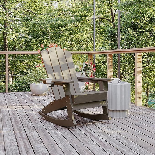 Flash Furniture Newport Adirondack Rocking Chair with Cup Holder, Weather Resistant Poly Resin Adirondack Rocking Chair, Brown