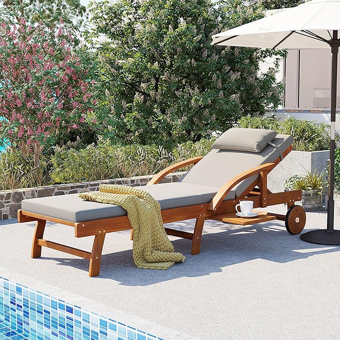 Acacia Wood Outdoor Patio Chaise Lounge, All Weather Reclining Lounge Chairs with Adjustable Backrest& Leg Rest, 2 Wheels, Headrest, Retractable Side Tray for Poolside Garden Beach (Gray-3.17)