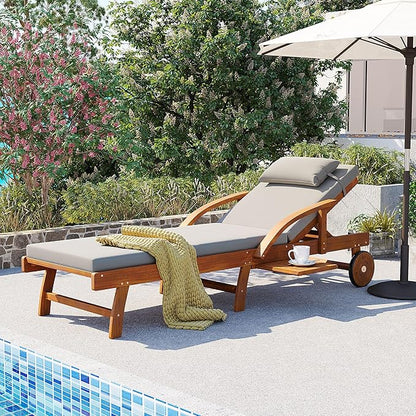 LUMISOL 77.5” Acacia Wood Chaise Lounge Chair, Patio Outdoor Chaise Lounge with Cushions, Adjustable Backrest, Leg Rest, Headrest, Retractable Side Tray for Patio, Pool, Garden, Grey