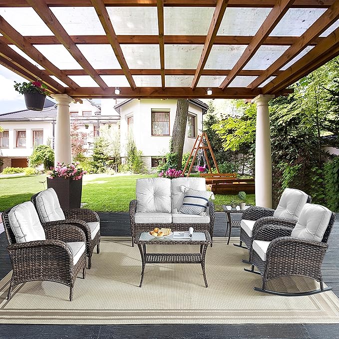 Belord 7 Piece Outdoor Patio Furniture Sets with Rocking Chairs, Wicker Loveseat Conversation Sets for Patio Deck Backyard Poolside, Beige Cushion