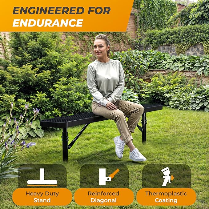 Heavy-Duty Outdoor Metal Bench, Thermoplastic-Coated, Inground, Weatherproof, Commercial-Grade for Parks, Gardens, Patios, Stores & More (6 Ft - Inground, Black)