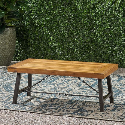 Outdoor Coffee Tables for Patio, Wood Patio Coffee Table Rectangle with Metal Frame, Industrial Patio Center Table for Garden Deck Balcony, Teak Finish Rustic Brown & Black
