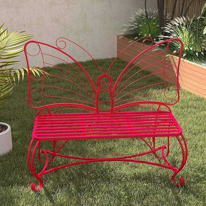 Outdoor Bench Patio Outdoor Garden Bench Butterfly Cast Iron Metal Patio Bench, Outdoor Chair Slatted Seat and Butterfly Pattern Backrest for Outside, Front Porch, Park, Lawn, Backyard and Balcony