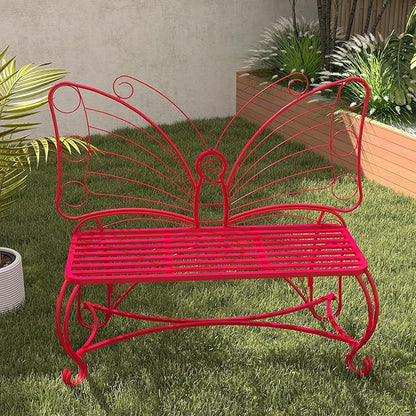 Outdoor Bench Patio Outdoor Garden Bench Butterfly Cast Iron Metal Patio Bench, Outdoor Chair Slatted Seat and Butterfly Pattern Backrest for Outside, Front Porch, Park, Lawn, Backyard and Balcony