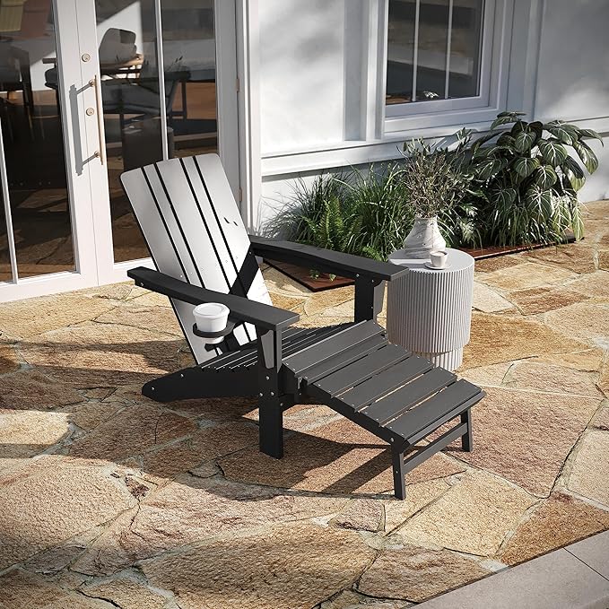 Taylor & Logan Hedley Adirondack Chair with Cup Holder and Pull Out Ottoman, All-Weather HDPE Indoor/Outdoor Lounge Chair in Gray