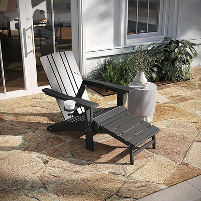 Taylor & Logan Hedley Adirondack Chair with Cup Holder and Pull Out Ottoman, All-Weather HDPE Indoor/Outdoor Lounge Chair in Gray
