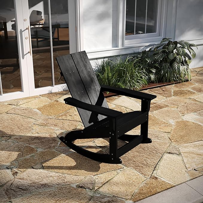 Taylor & Logan Finn Modern All-Weather 2-Slat Poly Resin Wood Rocking Adirondack Chair with Rust Resistant Stainless Steel Hardware in Black