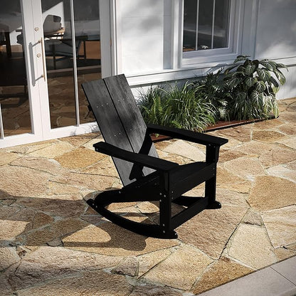 Taylor & Logan Finn Modern All-Weather 2-Slat Poly Resin Wood Rocking Adirondack Chair with Rust Resistant Stainless Steel Hardware in Black