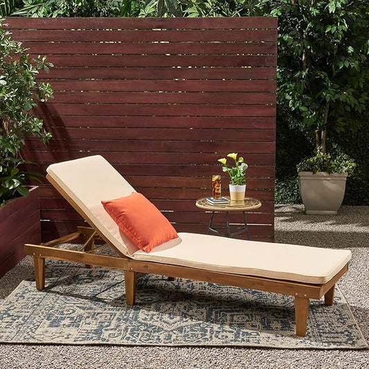 Great Deal Furniture Yvette Outdoor Acacia Wood Chaise Lounge and Cushion Set, Teak and Cream, 309788