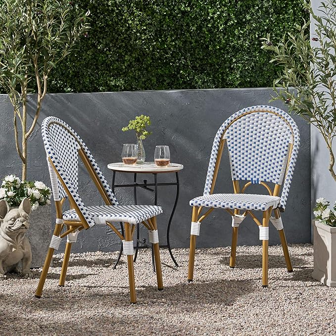 Christopher Knight Home Philomena Outdoor French Bistro Chair (Set of 2), Blue + White + Bamboo Print Finish - Photo 2