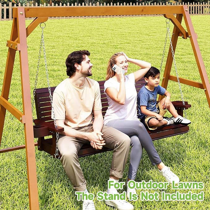 Real Relax Front Porch Swing, Wooden 3 Person Outdoor Hanging Patio Swing Chair with Cup Holders - Photo 4