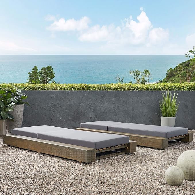 GDFStudio Outdoor Acacia Wood Chaise Lounge and Cushion Sets (Set of 2), Gray and Dark Gray - Photo 5