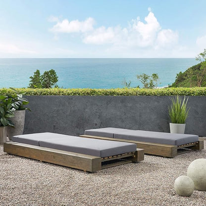 GDFStudio Outdoor Acacia Wood Chaise Lounge and Cushion Sets (Set of 2), Gray and Dark Gray