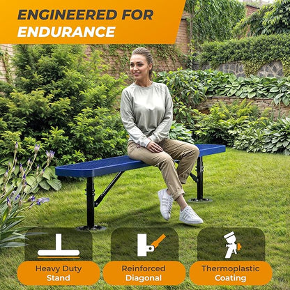 Heavy-Duty Outdoor Metal Bench, Thermoplastic-Coated, Surface, Weatherproof, Commercial-Grade for Parks, Gardens, Patios, Stores & More (6 Ft - Surface, Blue)