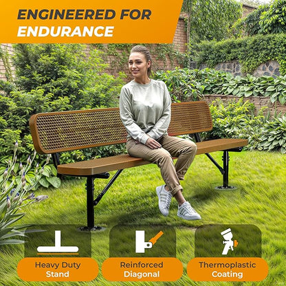 Heavy-Duty Outdoor Metal Bench, Thermoplastic-Coated, Surface, Weatherproof, Commercial-Grade for Parks, Gardens, Patios, Stores & More (8 Ft - Surface with Back, Brown)