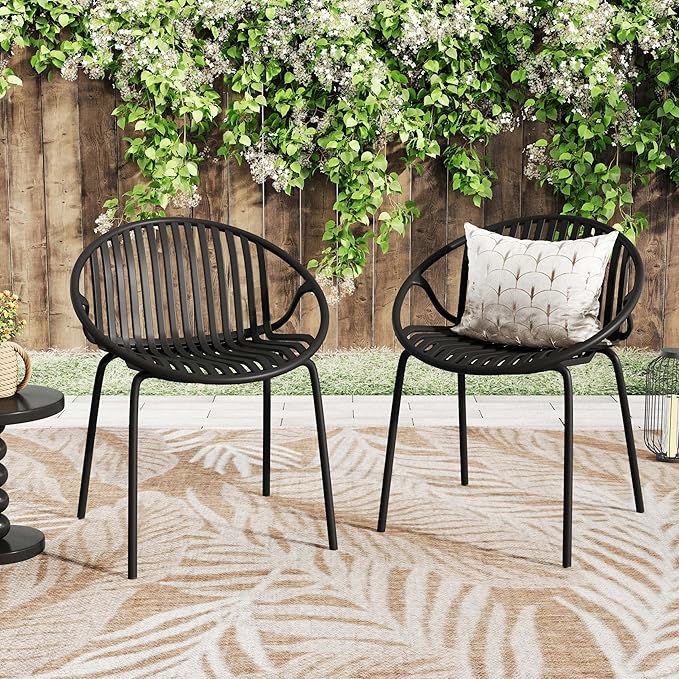 2 Pieces Outdoor Dining Chair,Modern Style Patio Dining Chairs,Breathable Design Stackable Lawn Chairs,Metal Legs+Plastic Backrest,for Patio Or Restaurant Garden (Black)