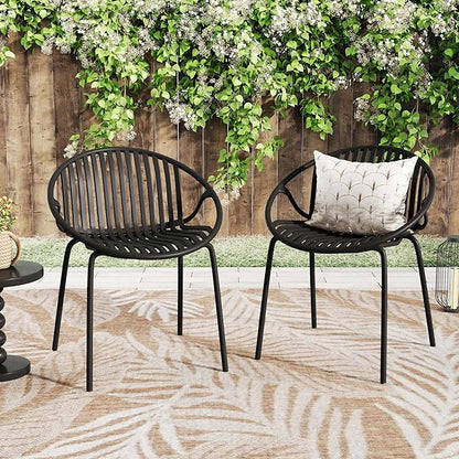 2 Pieces Outdoor Dining Chair,Modern Style Patio Dining Chairs,Breathable Design Stackable Lawn Chairs,Metal Legs+Plastic Backrest,for Patio Or Restaurant Garden (Black)