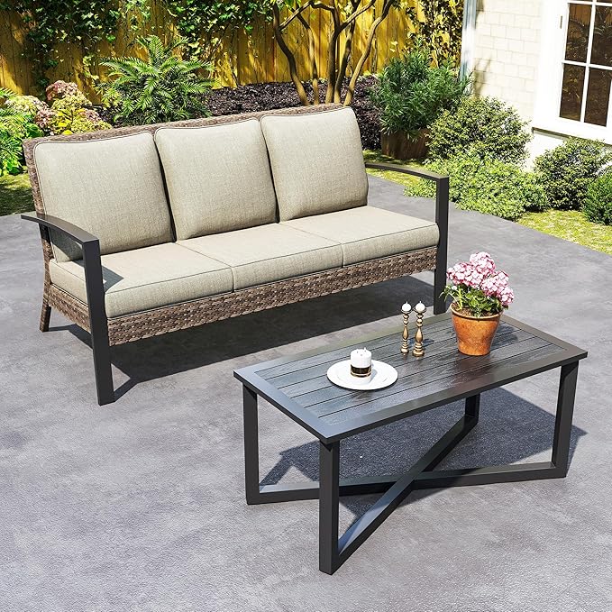 SUNVIVI OUTDOOR Patio Sofa with Coffee Table, All Weather Rattan Outdoor Patio Couch with Removable Cushions, Metal Outdoor Sofa Set for Garden Porch Balcony Backyard, Beige