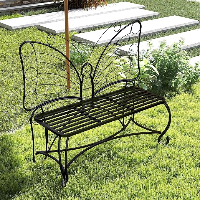 Small Metal Butterfly Garden Bench, Outdoor Benches Weatherproof, Patio Porch Bench for Outdoors, Outdoor Butterfly Chair Armless for Front Porch/Yard/Entryway (Black)