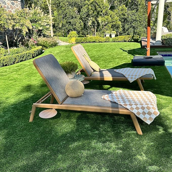 PURPLE LEAF Chaise Lounge Outdoor Chairs with Cushion Aluminum Pool Side Sun Lounges Adjustable Reclining Patio Set Pack of 2 Teak