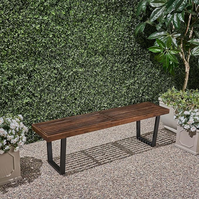 Patio Dining Bench with Iron Legs Modern Backless 3-Seater Outdoor Acacia Wood Chair Weather Resistant Garden Dining Chair Comfortable Seating Brown Black