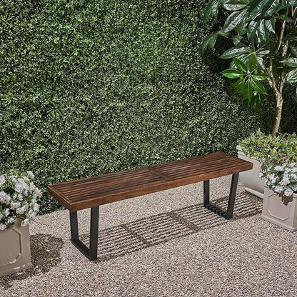 Patio Dining Bench with Iron Legs Modern Backless 3-Seater Outdoor Acacia Wood Chair Weather Resistant Garden Dining Chair Comfortable Seating Brown Black