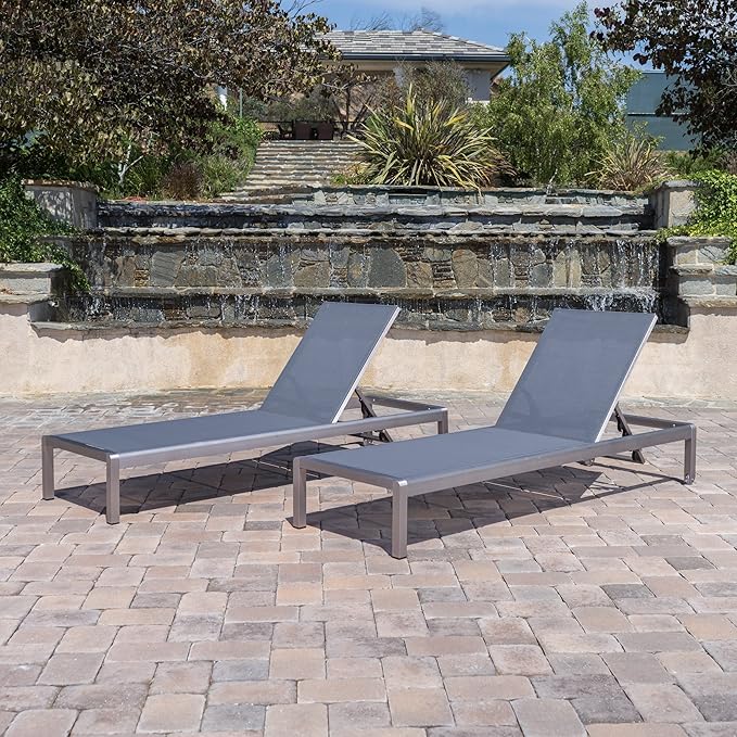 GDFStudio Bay Patio Furniture Outdoor Mesh Chaise Lounge (Dark Grey) (Qty of 2)
