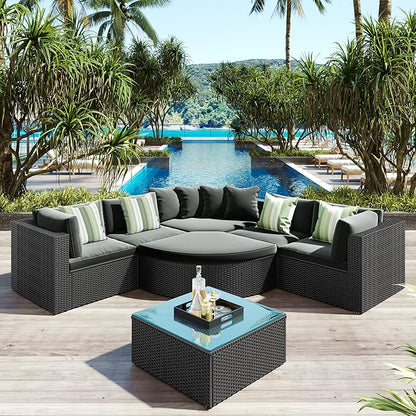 Quarte 7 Piece Outdoor Patio Furniture Sofa Sets,All Weather Rattan Conversation Sofa Set with Striped Green Pillows/Tempered Glass Coffee Table for Garden, Deck