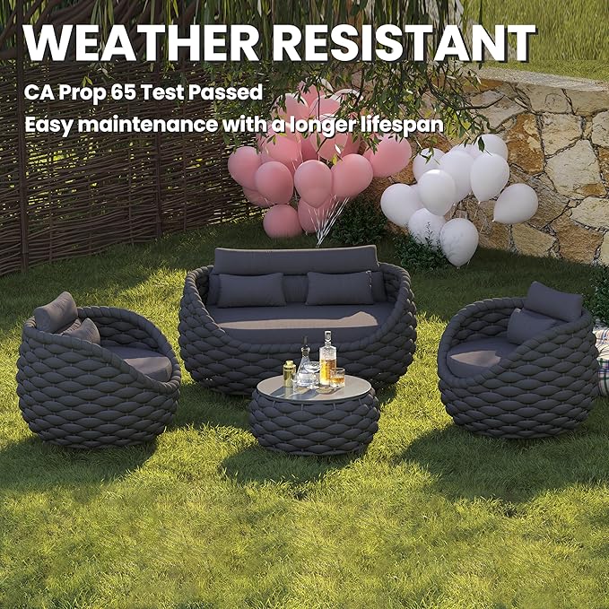 Round Patio Accent Table: φ25.6''/65cm Aluminum Coffee Tables - Hand Woven Rope Side Table Assembled - Metal Modern Outdoor Furniture for 176lbs Deck Porch Garden Pool Balcony Hotel, Dark Gray