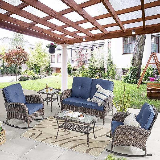 Belord Patio Rocking Chair Wicker Chair, 1 Piece Outdoor Rocking Chair Seating with Cushions for Porch Deck Balcony, Brown/Blue