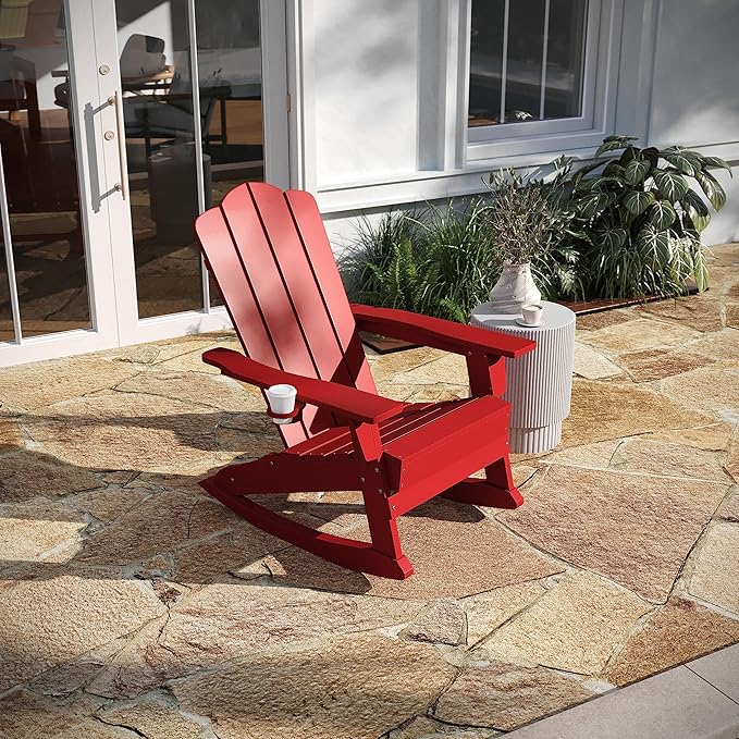 Taylor & Logan Nellis Adirondack Rocking Chair with Cup Holder, Weather Resistant HDPE Adirondack Rocking Chair in Red
