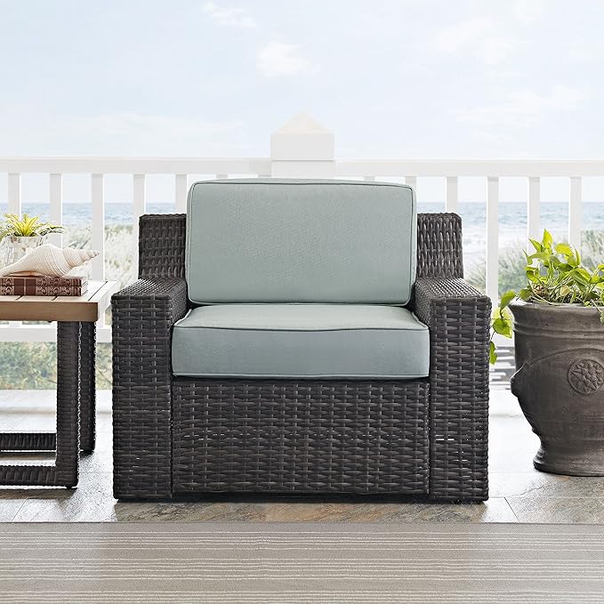 Crosley Furniture Beaufort Beaufort Outdoor Chair, Wicker Patio Chairs for Porch, Deck, Balcony, Backyard, Brown with Mist Cushions