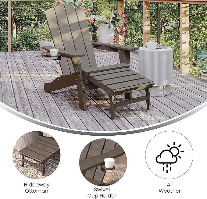 Flash Furniture Newport Poly Resin Adirondack Chair with Cup Holder and Pull Out Ottoman, All-Weather Poly Resin Indoor/Outdoor Lounge Chair, Brown