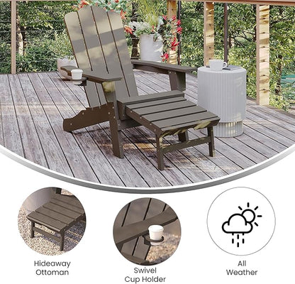 Flash Furniture Newport Poly Resin Adirondack Chair with Cup Holder and Pull Out Ottoman, All-Weather Poly Resin Indoor/Outdoor Lounge Chair, Brown