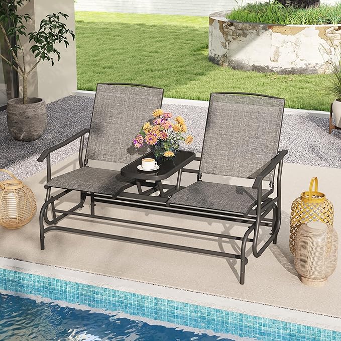 Tangkula 2 Person Swing Glider Chair, Patio Rocking Loveseat w/Center Tempered Glass Table - Photo 2