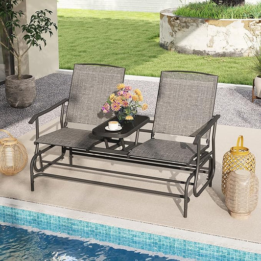 Tangkula 2 Person Swing Glider Chair, Patio Rocking Loveseat w/Center Tempered Glass Table, Outdoor Swing Bench w/Steel Frame & Breathable Mesh Fabric for Porch, Balcony, Poolside (Grey)
