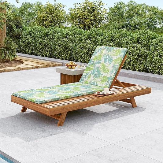 GDFStudio Acacia Wood Chaise Lounge Set with 2" Water-Resistant Cushion,4-Position Adjustable Backrest Recliner,Outdoor Lounger Chair for Patio,Garden,Poolside,Balcony,Deck,79" C Green Leaf,Teak