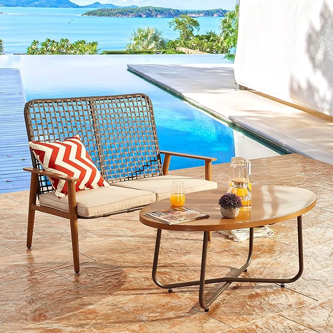 LOKATSE HOME Outdoor 2 Pcs Patio Loveseat Wood with Coffee Table Bistro Cushioned Outside Bench Wicker for Garden Poolside Balcony, Khaki