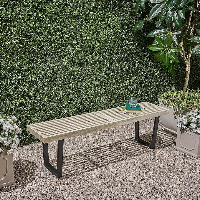 Solid Wood and Metal Outdoor Bench - Sturdy Garden Seating with Comfortable Backrest for Patio, Porch, and Park Use